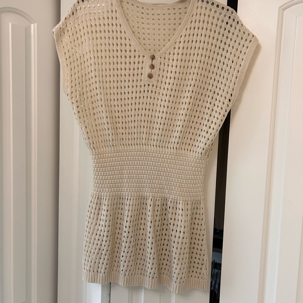 SHEIN Cream Open-Knit V-Neck Smocked Waist COVER UP